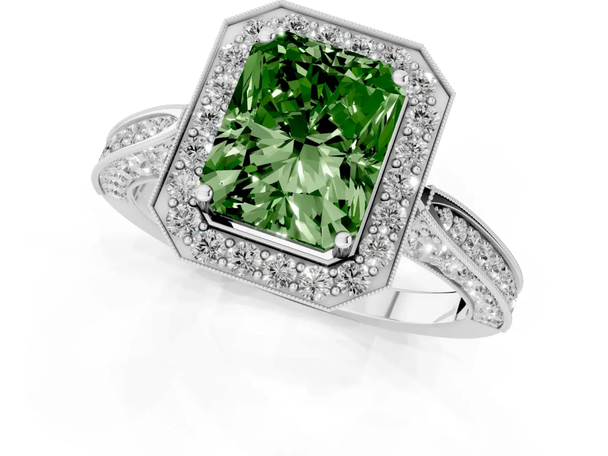 Fancy Green Radiant Cut Halo Diamond Engagement Ring with Split Shank Band and Four-Prong Setting Silver