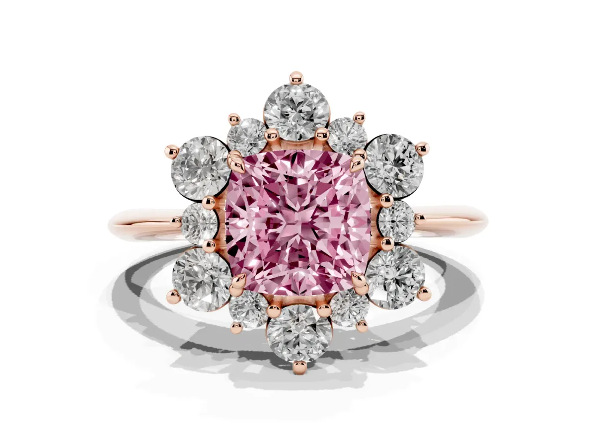 Fancy Pink Cushion Cut Diamond Cluster Halo Ring with Solitaire Band and Four-Prong Setting Rose gold