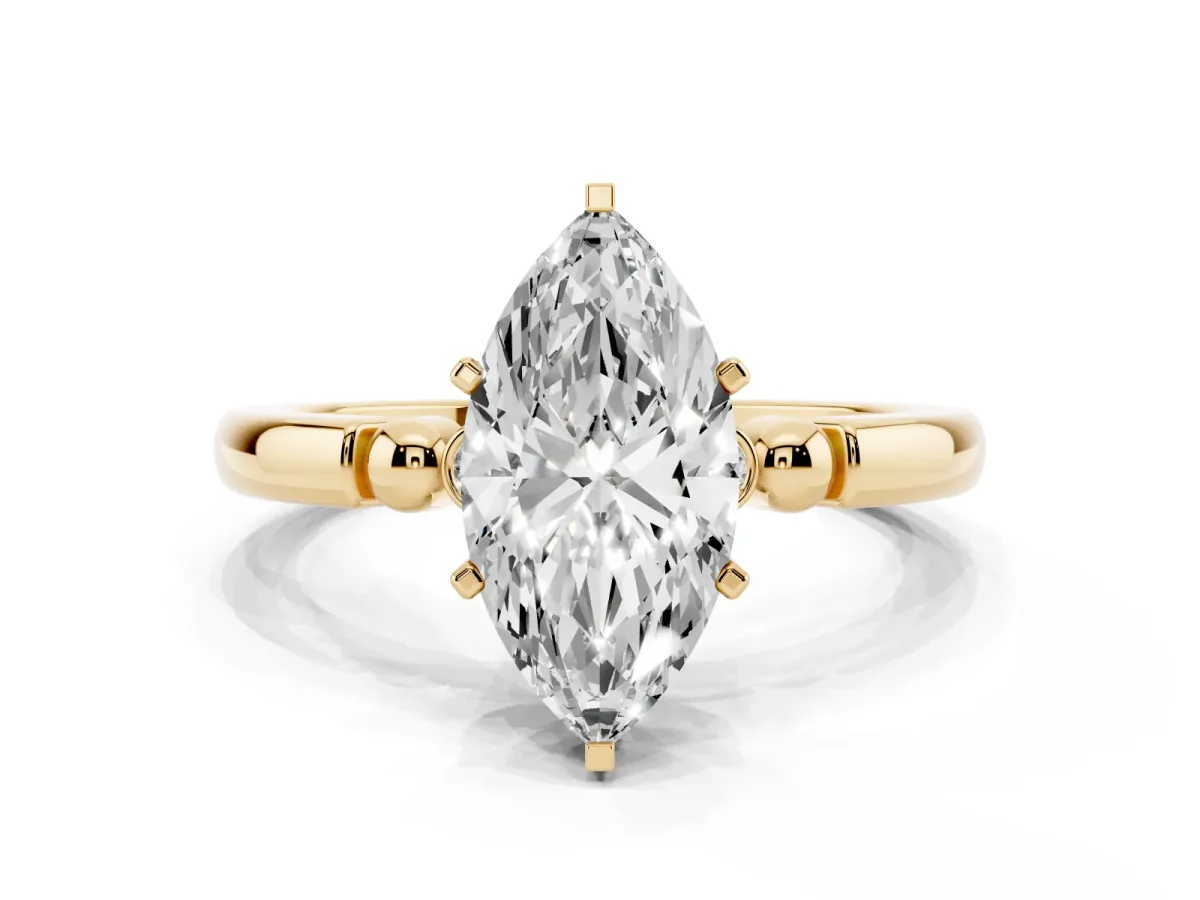 Marquise Cut Solitaire Beaded Band with Four-Prong Setting Yellow gold