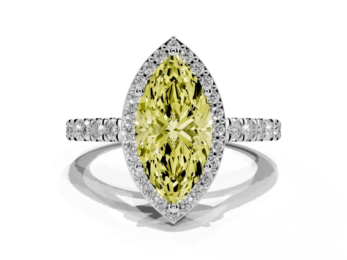 Fancy Yellow Marquise Cut Cut Halo Diamond Engagement Ring with Pave Band and Four-Prong Setting White gold