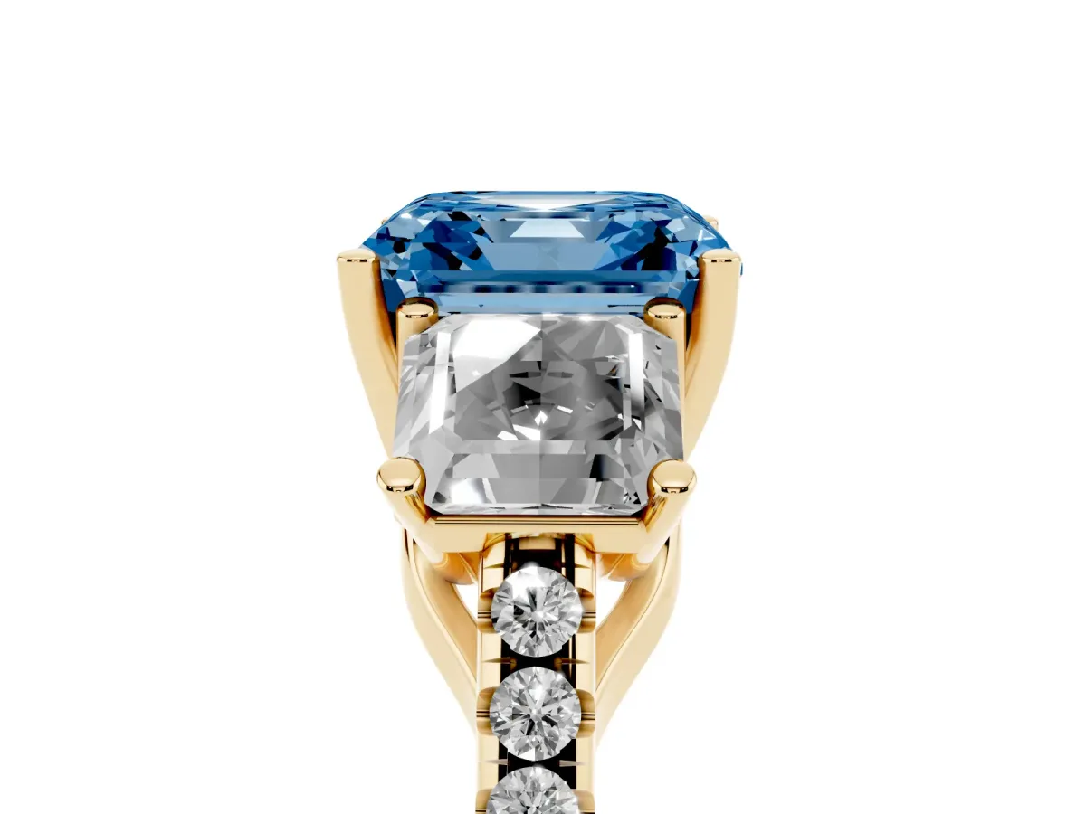 Fancy Blue Three-Stone Asscher Cut Diamond Ring with Round Pavé Band and Prong Setting Yellow gold