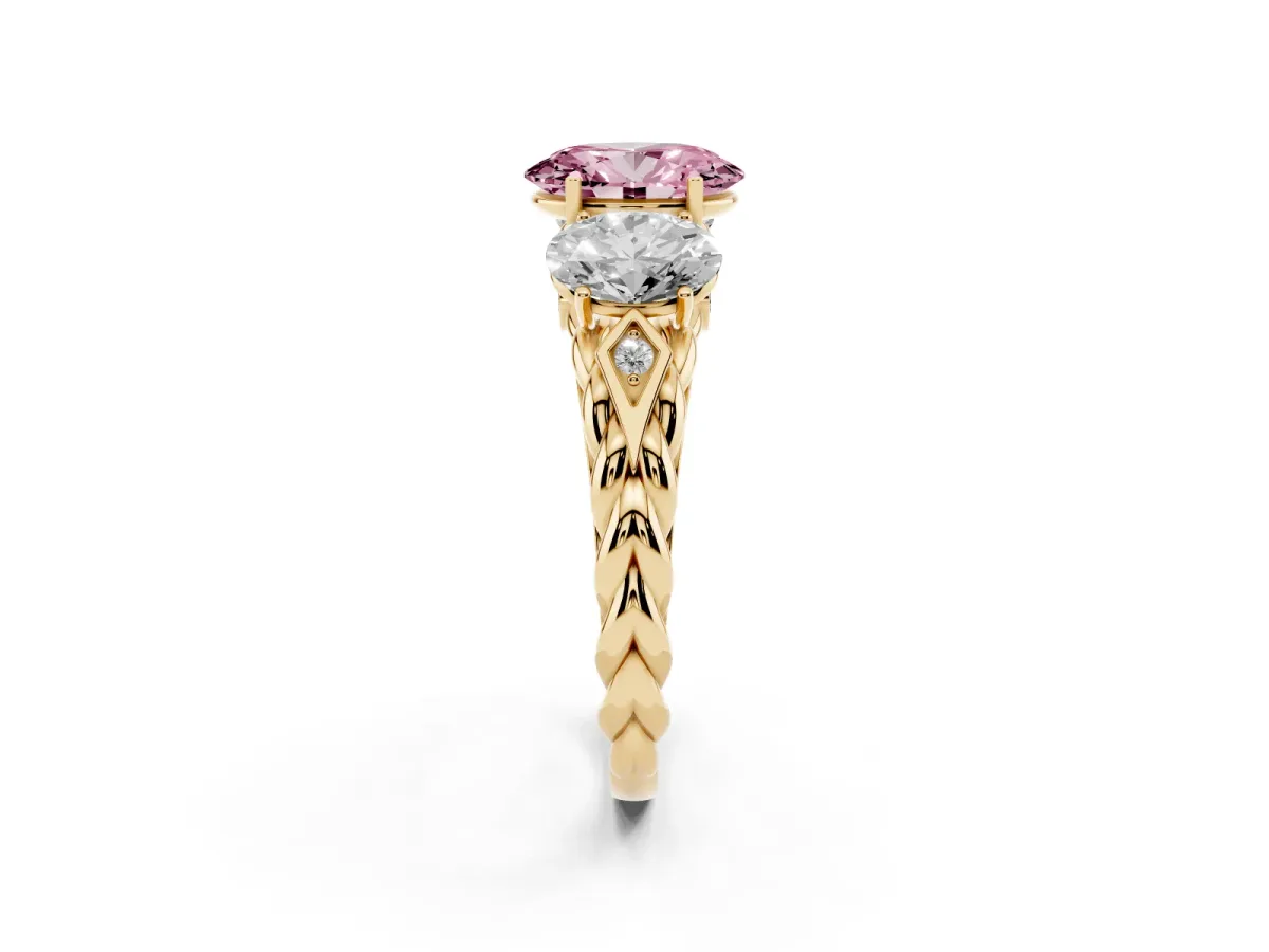 Fancy Pink Three-Stone Oval Cut Diamond Braided Band Ring with Four-Prong Setting Yellow gold