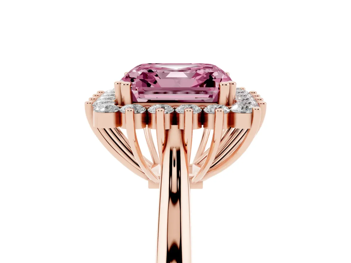 Fancy Pink Asscher Cut Cut Diamond Halo Ring with Solitaire Band and Prong Setting Rose gold
