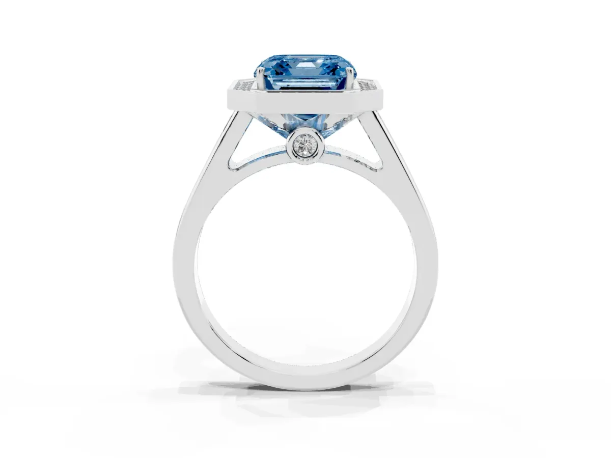 Fancy Blue Asscher Cut Halo Solitaire Diamond Ring with Pave Band and Bezel Setting Silver