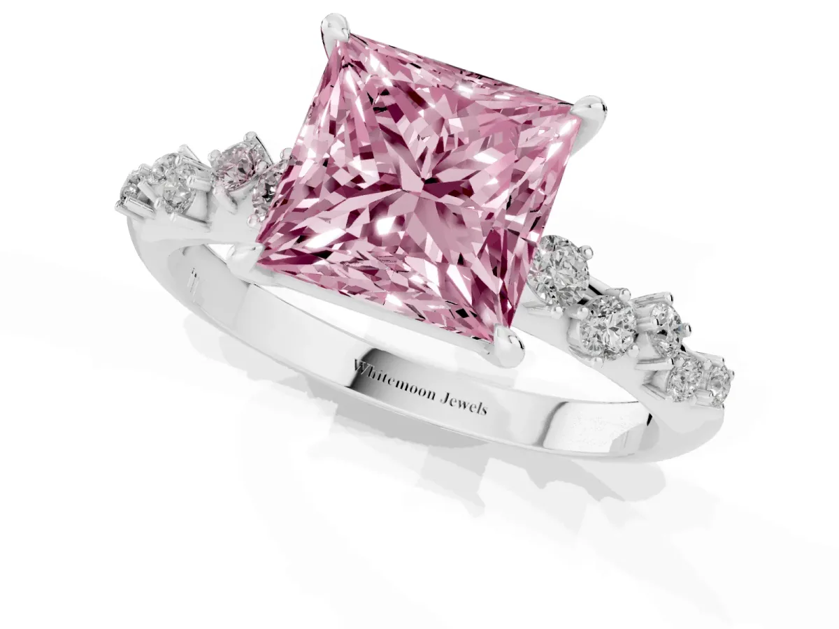 Fancy Pink Princess Cut Diamond Cluster Side Stone Solitaire Ring with Prong Setting Silver