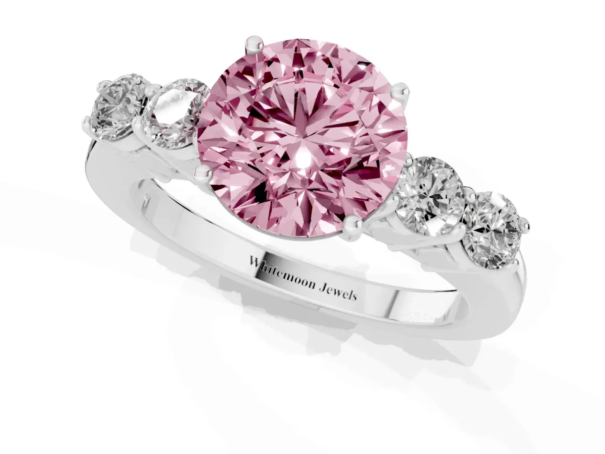 Fancy Pink Round Cut Cut Diamond Five-Stone Prong Set White Gold Ring Platinum