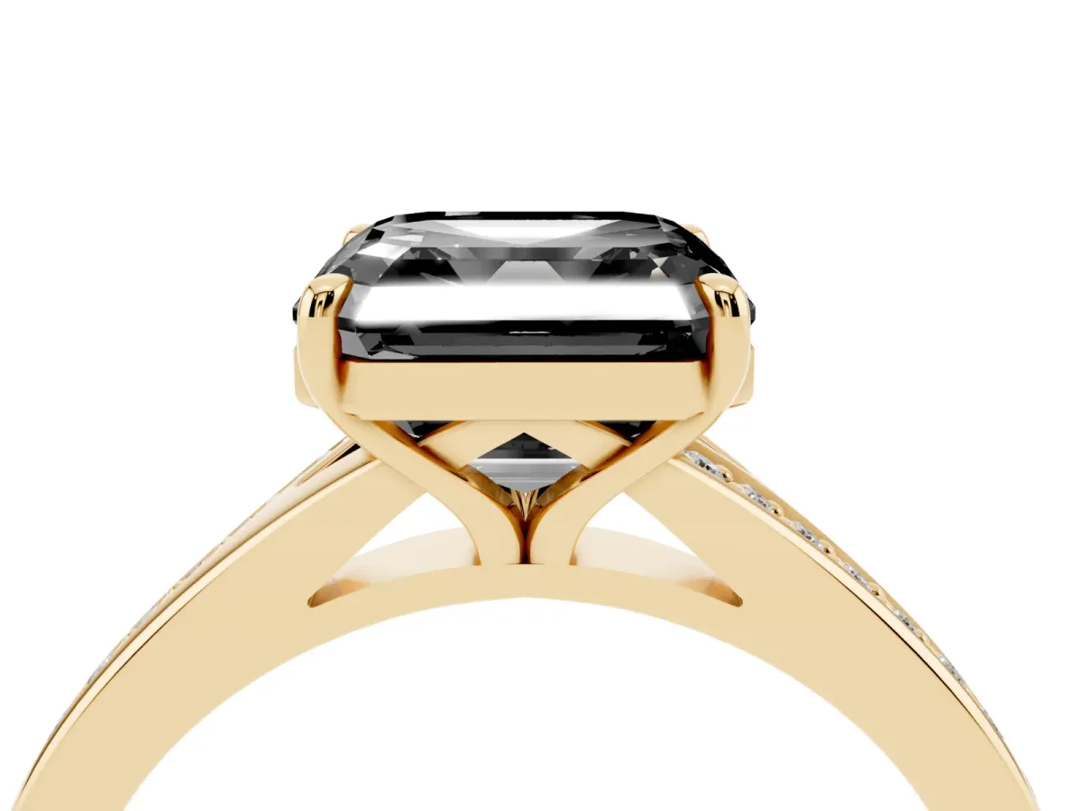 Fancy Black Asscher Cut Diamond Solitaire Ring with Pavé Band and Prong Setting Yellow gold