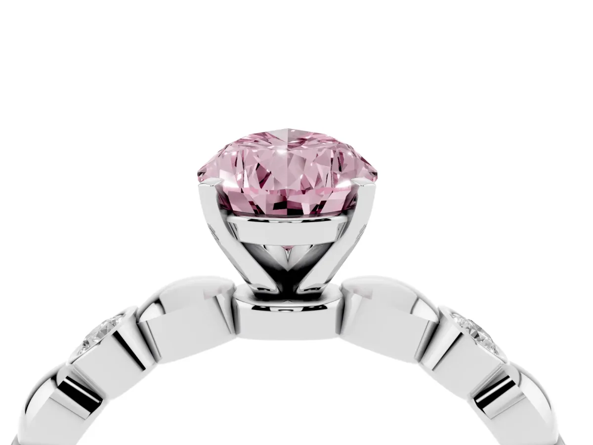 Fancy Pink Pear Cut Solitaire Bezel-Set Diamond Ring with Beaded Band and Four-Prong Setting Silver