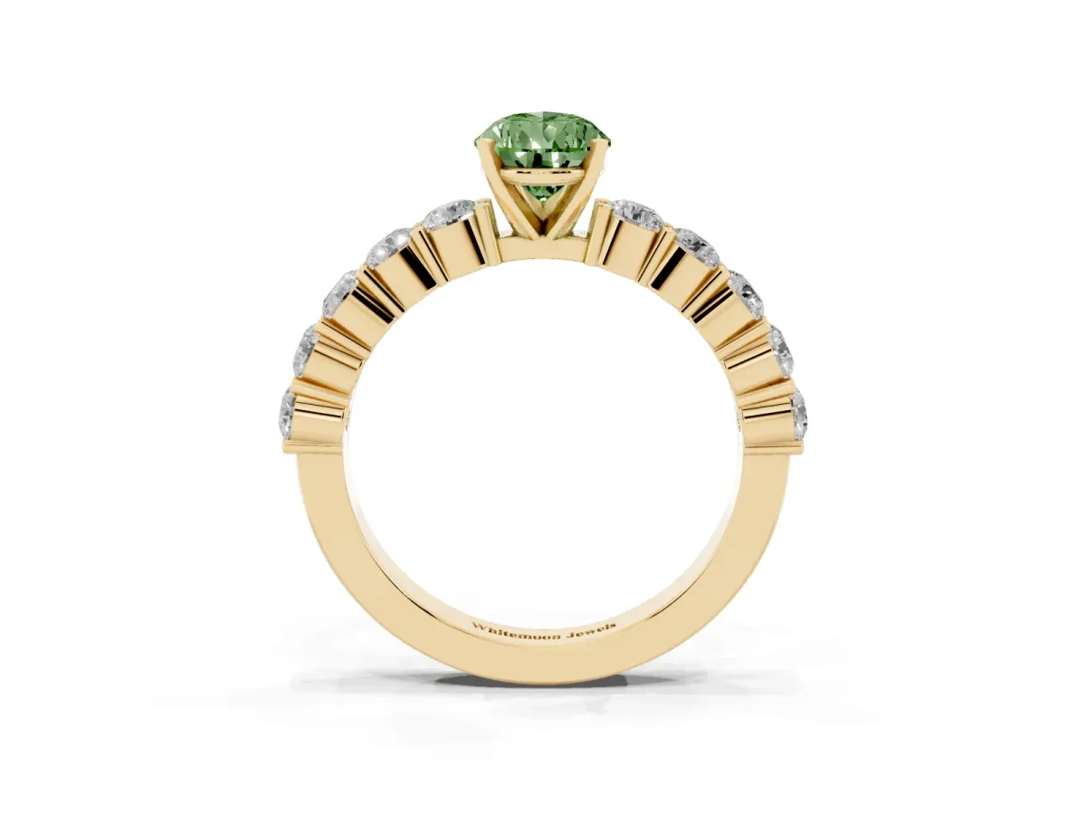 Fancy Green Pear Cut Diamond Solitaire Ring with Shared Prong Round Side Stones Yellow gold