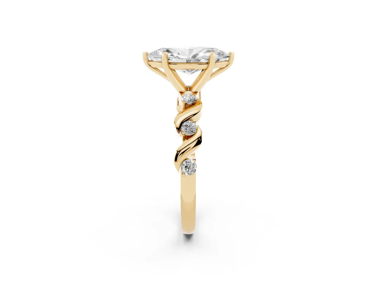 Marquise Cut Diamond Solitaire Twisted Band with Round Accents and Prong Setting Yellow gold