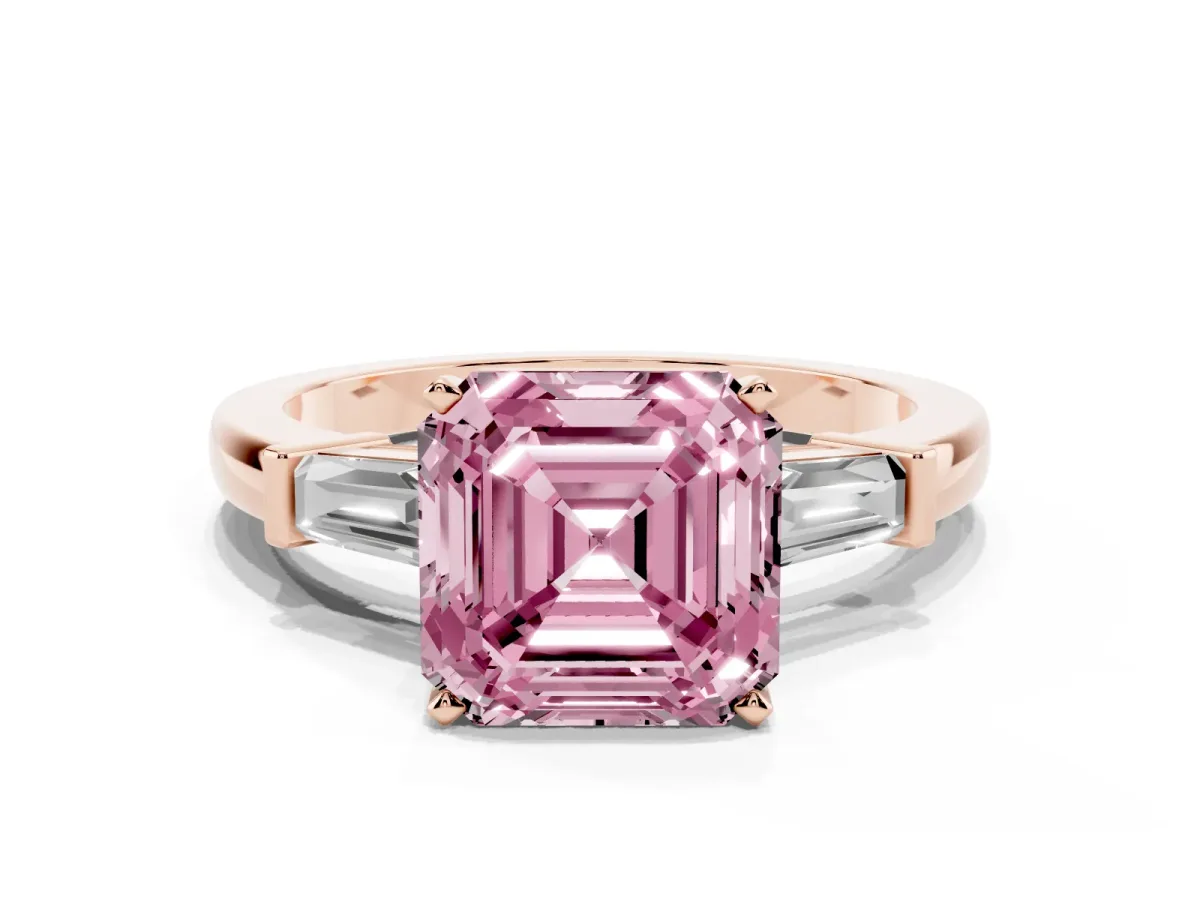 Fancy Pink Asscher Cut Cut Diamond Solitaire Ring with Tapered Baguette Accents and Four-Prong Setting Rose gold