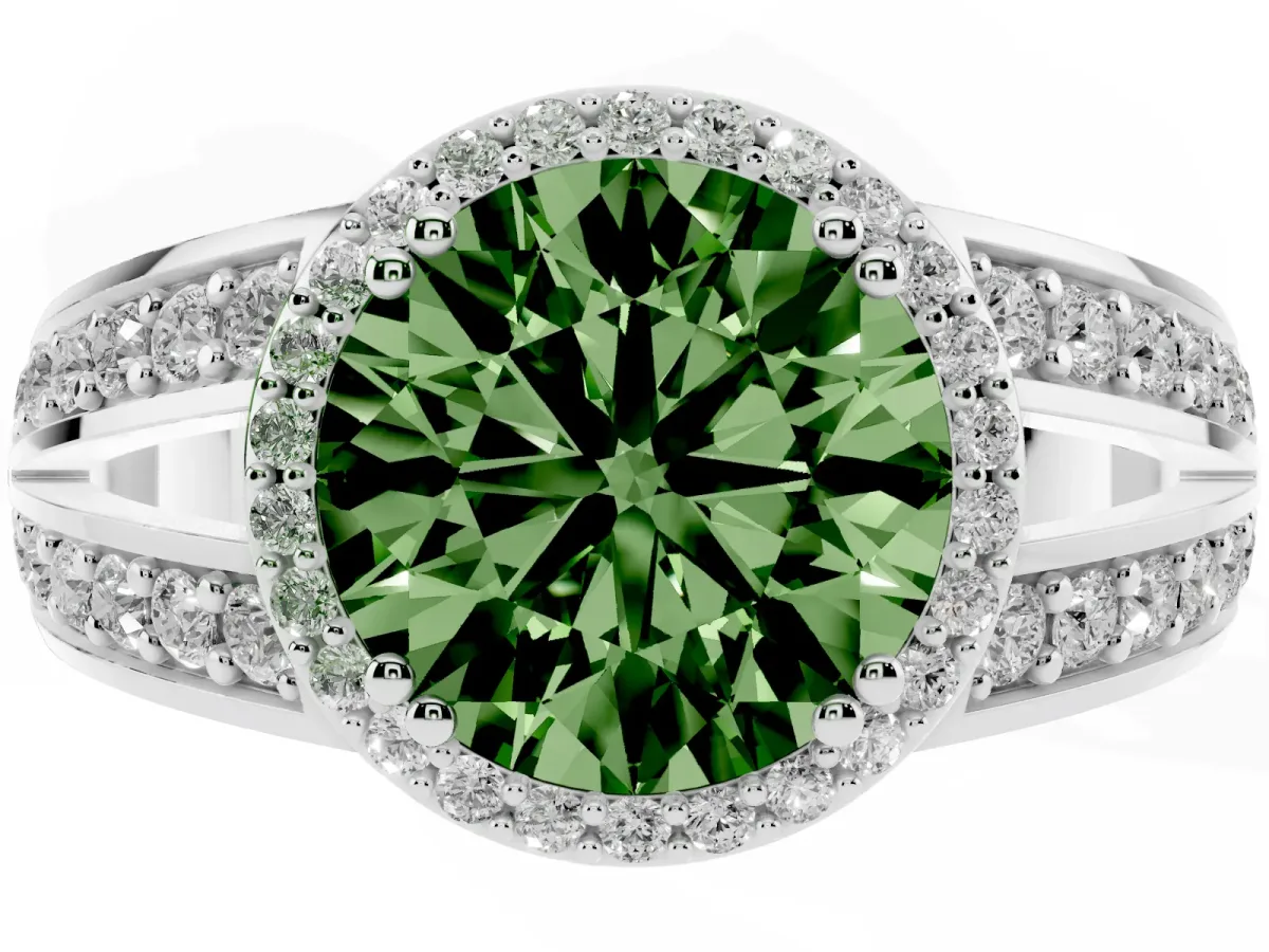 Fancy Green Round Cut Diamond Halo Ring with Split Shank Pavé Band and Four-Prong Setting Platinum