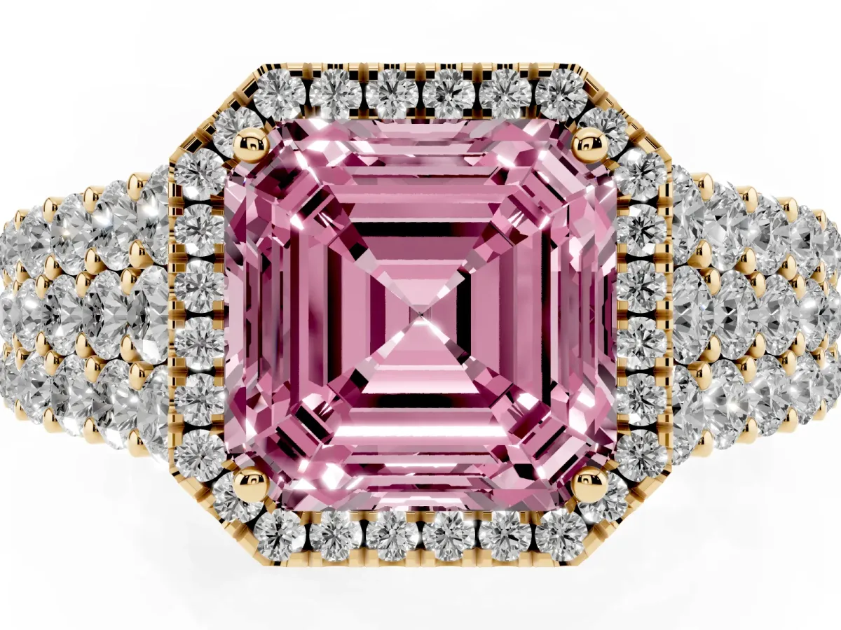 Fancy Pink Asscher Cut Diamond Halo Engagement Ring with Triple Row Round Pavé Band and Prong Setting Yellow gold