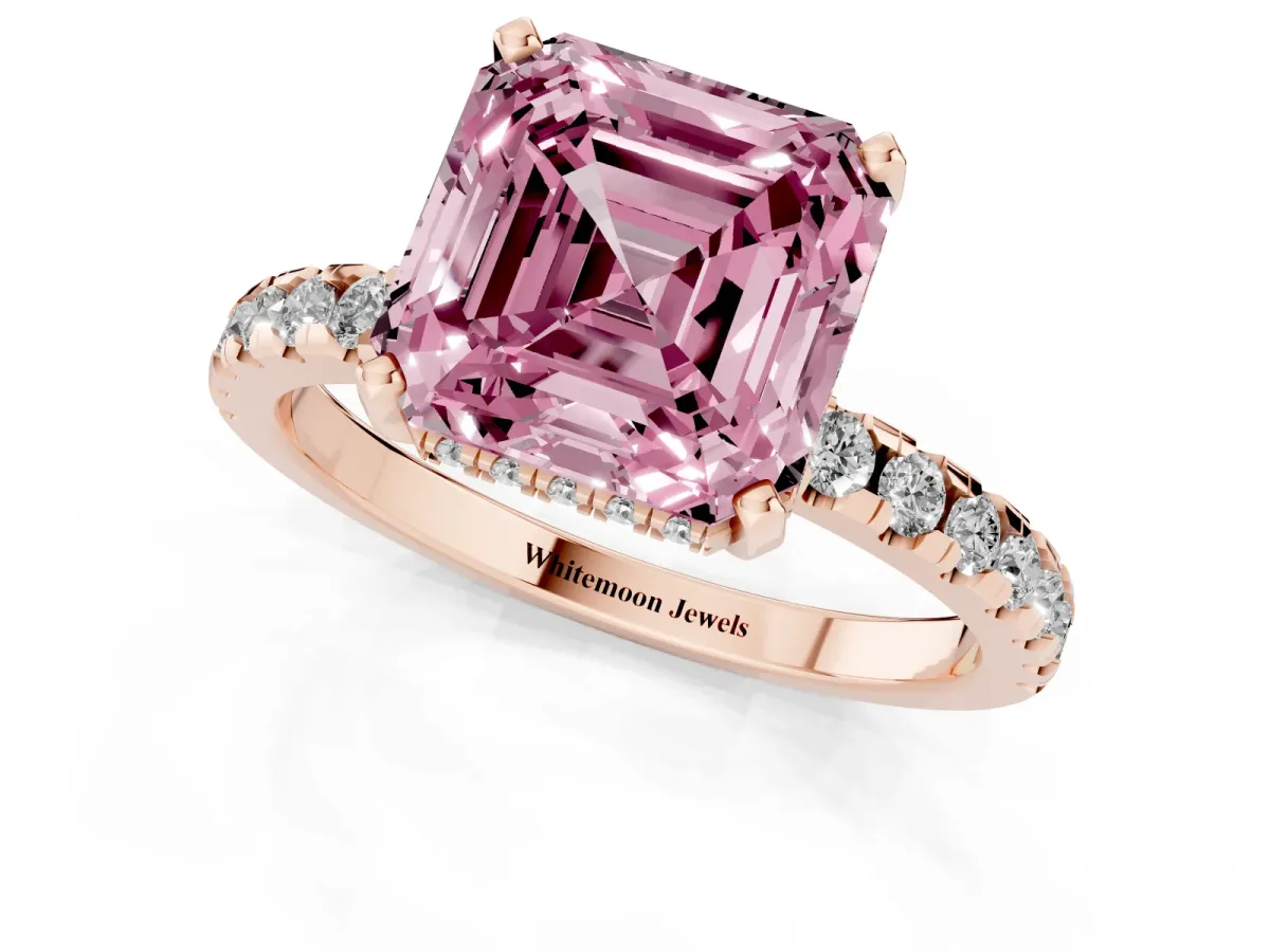 Fancy Pink Asscher Cut Diamond Solitaire Ring with Round Pavé Band and Four-Prong Setting Rose gold