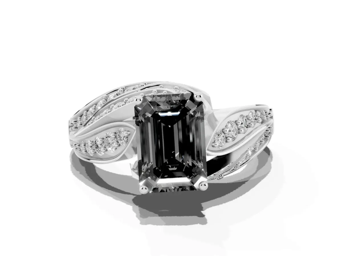 Fancy Black Emerald Cut Diamond Solitaire Ring with Prong Setting and Twisted Pavé Band Silver