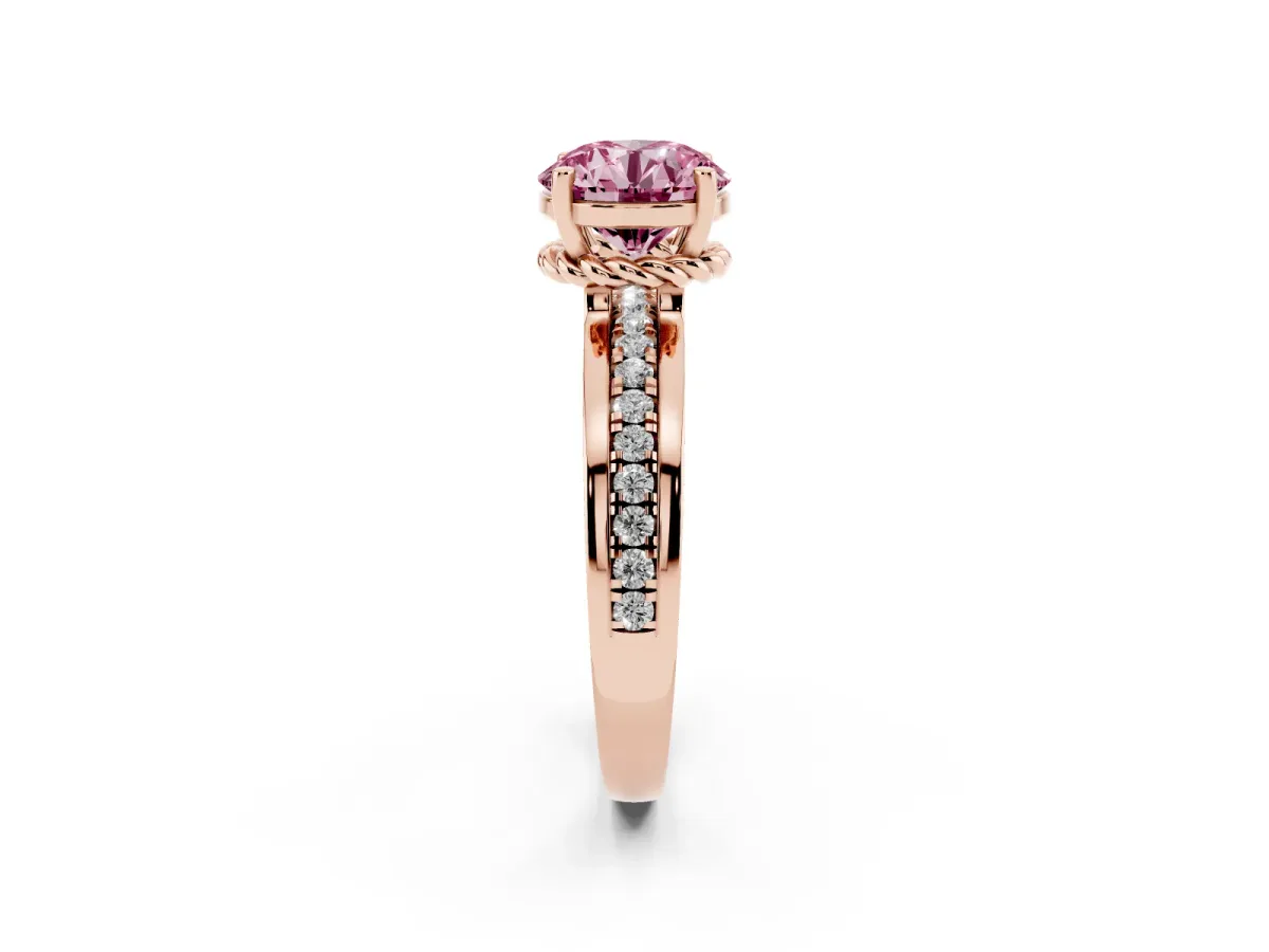 Fancy Pink Round Cut Solitaire Diamond Ring with Channel Set Band and Six-Prong Setting Rose gold