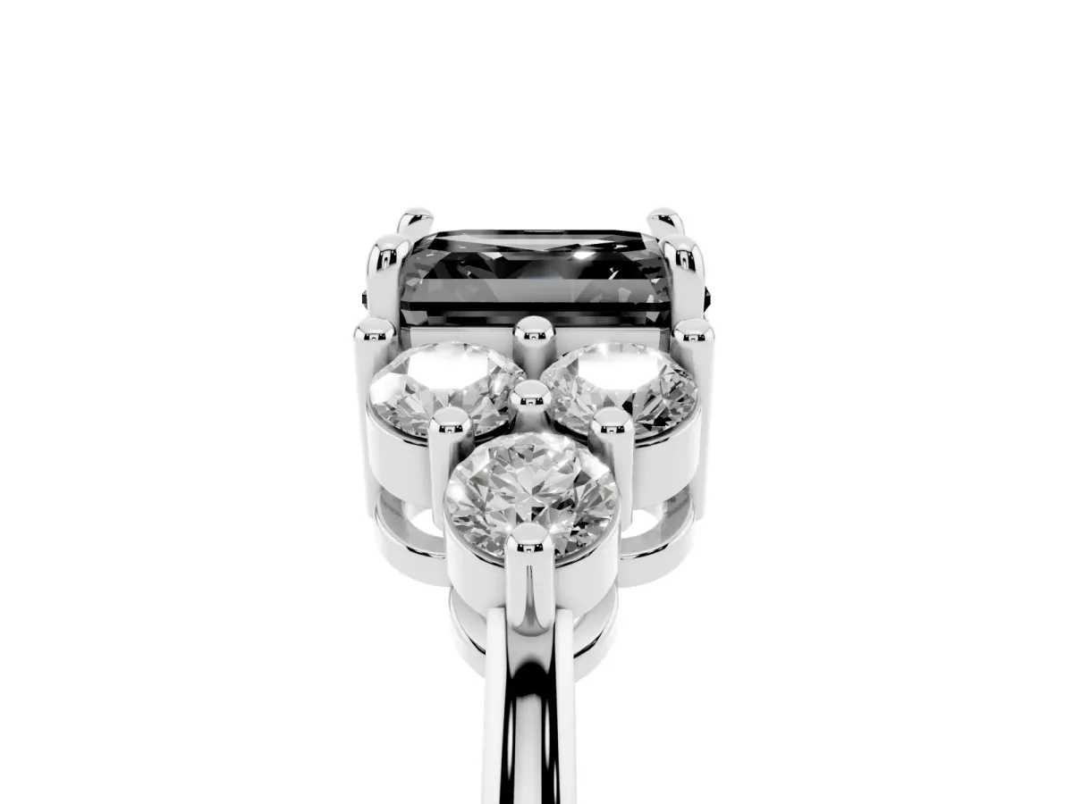 Fancy Black Asscher Cut Brilliant Diamond Cluster Accent Solitaire Ring with Prong Setting Platinum