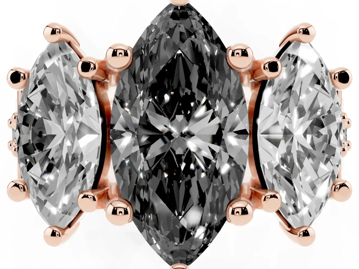 Fancy Black Marquise Cut Diamond Three-Stone Ring with Channel Set Band and Four-Prong Setting Rose gold