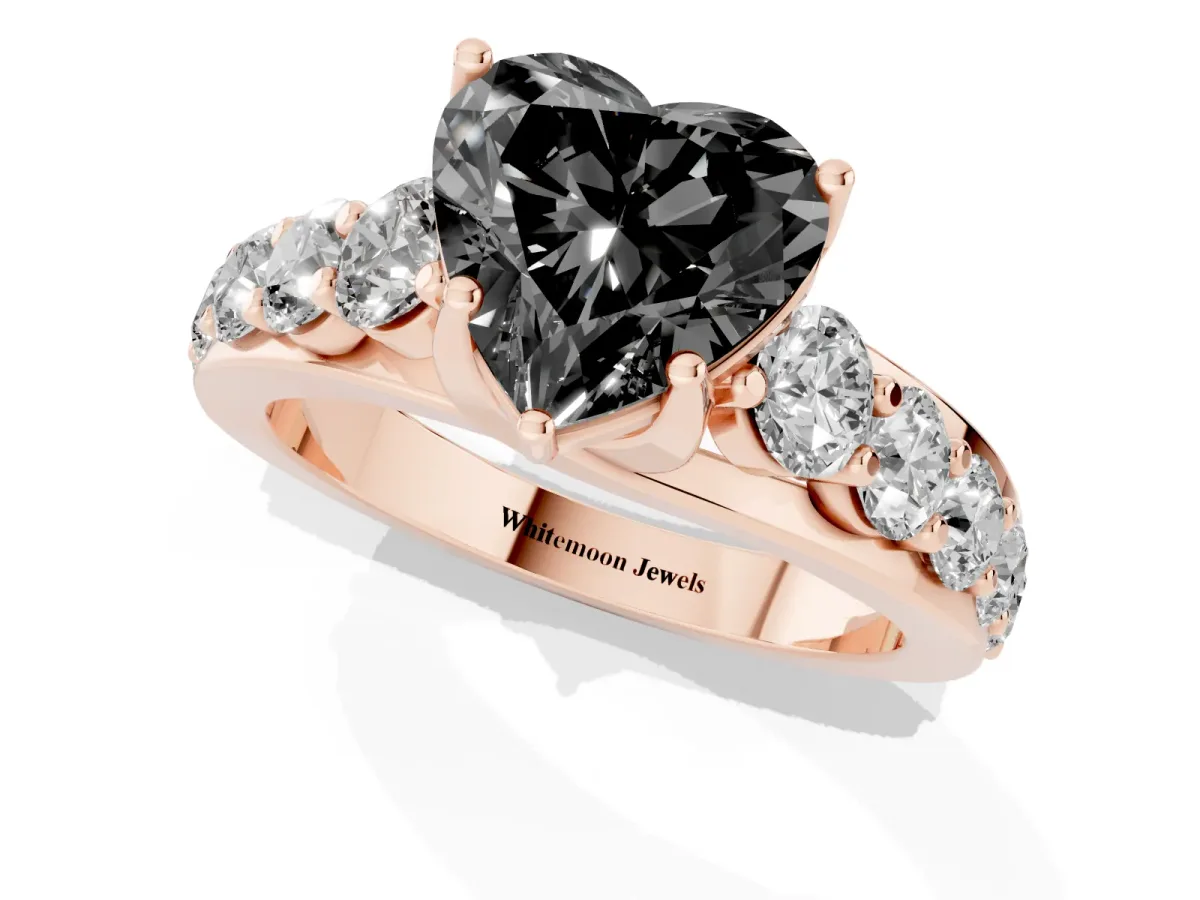 Fancy Black Heart Cut Diamond Engagement Ring with Pavé Band and Four-Prong Setting Rose gold