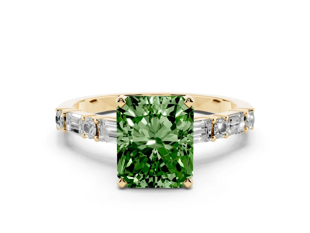 Fancy Green Radiant Cut Diamond Solitaire with Side Baguettes and Channel Set Band Yellow gold