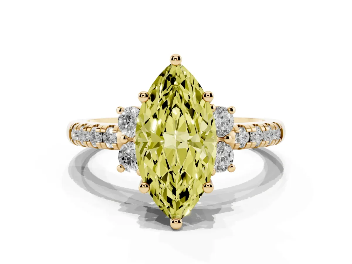 Fancy Yellow Marquise Cut Diamond Three-Stone Pave Band with Four-Prong Setting Yellow gold