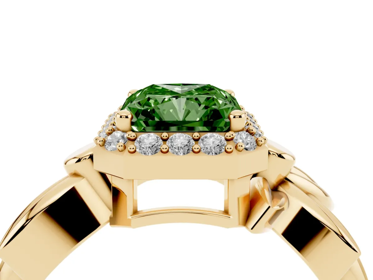 Fancy Green Radiant Cut Halo Diamond Floral Band with Four-Prong Setting Yellow gold