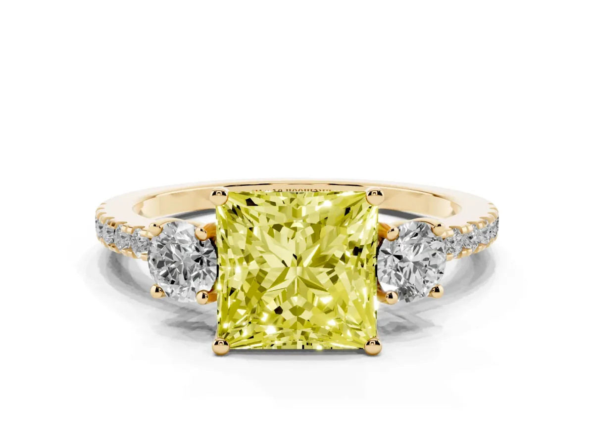 Fancy Yellow Three-Stone Princess Cut Cut Diamond Pavé Band with Prong Setting Yellow gold
