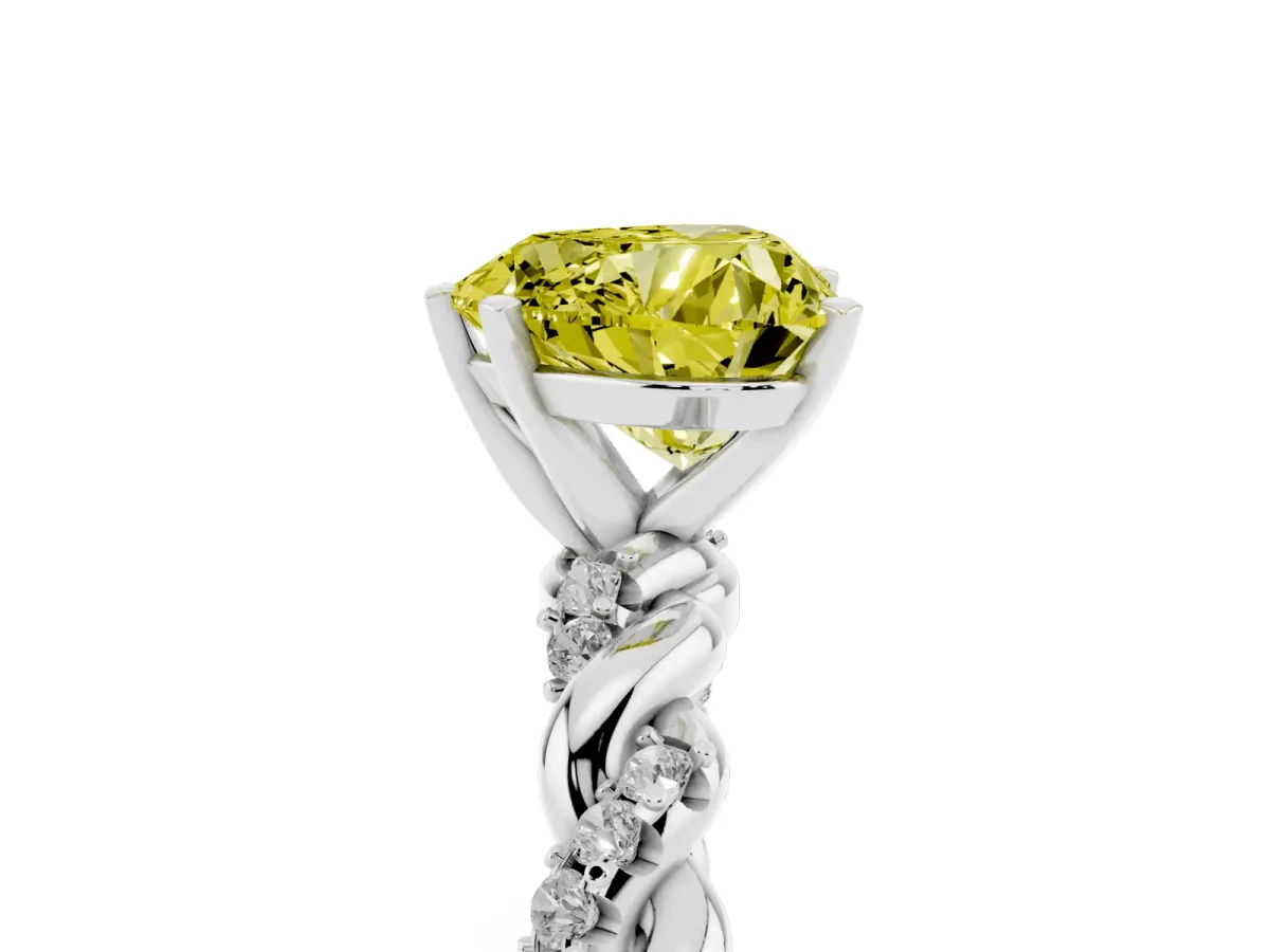 Fancy Yellow Heart Cut Diamond Solitaire Ring with Twisted Band and Pavé Accents Platinum