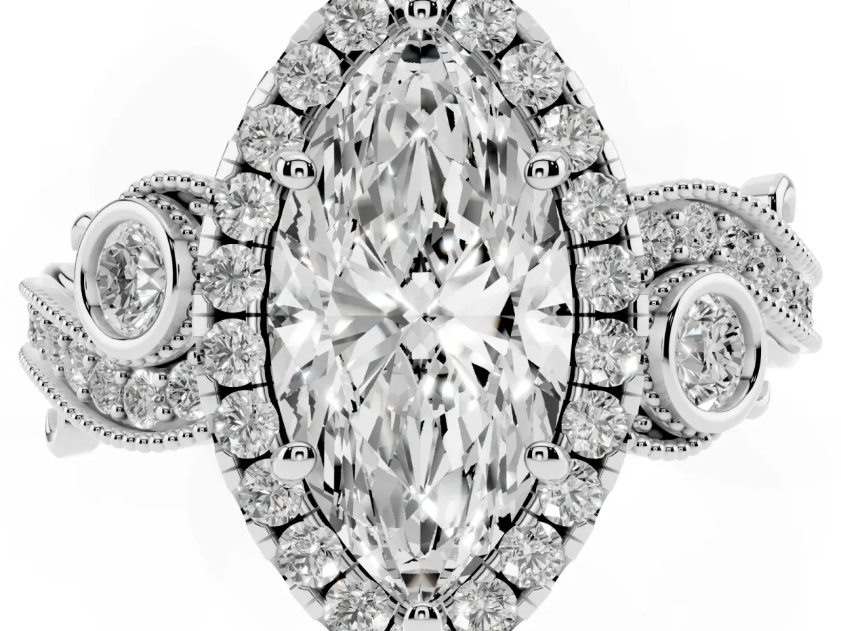 Marquise Cut Halo Diamond Ring with Milgrain and Bezel Accents on a Split Shank Band White gold