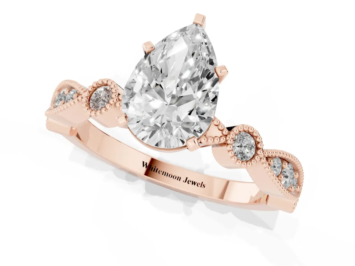 Pear Cut Milgrain Bezel Diamond Engagement Ring with Solitaire Prong Setting Rose gold