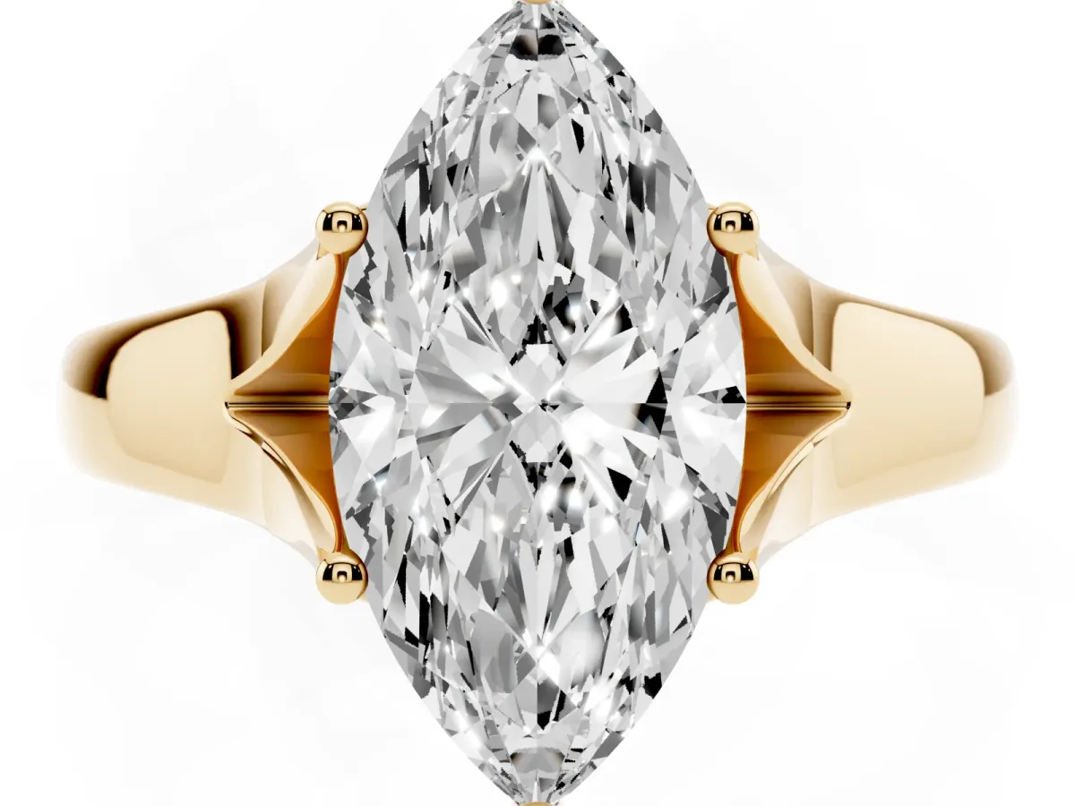 Marquise Cut Solitaire Diamond Ring with Cathedral Band and Four-Prong Setting Yellow gold