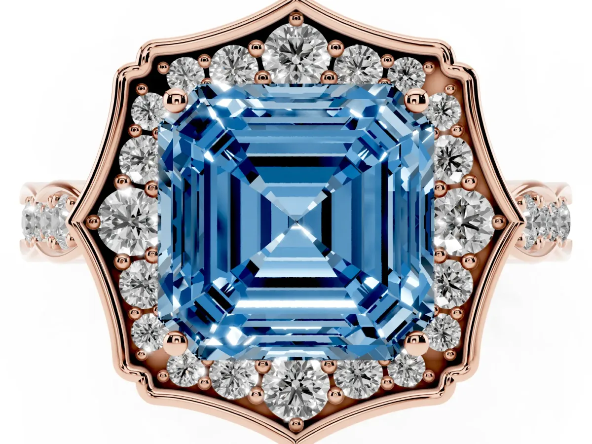 Fancy Blue Asscher Cut Halo Diamond Engagement Ring with Milgrain Band and Four-Prong Setting Rose gold