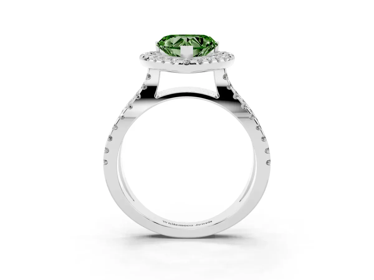Fancy Green Heart Cut Diamond Halo Ring with Split Shank Pavé Band and Prong Setting Silver