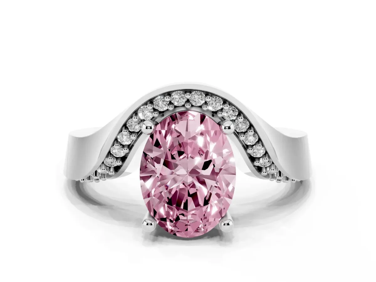 Fancy Pink Oval Cut Solitaire Diamond Engagement Ring with Pave Band and Four-Prong Setting Silver