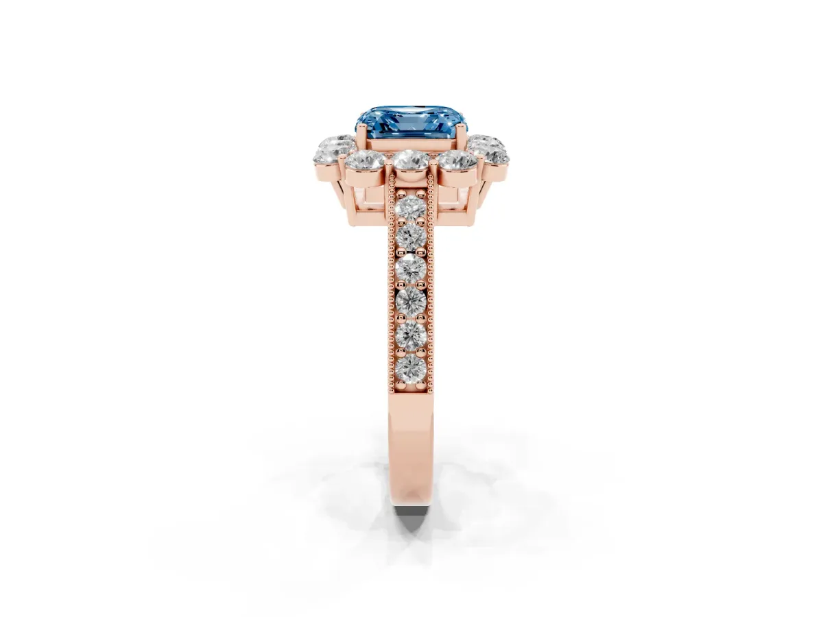 Fancy Blue Asscher Cut Cut Halo Diamond Pavé Engagement Ring with Milgrain Detailing Rose gold