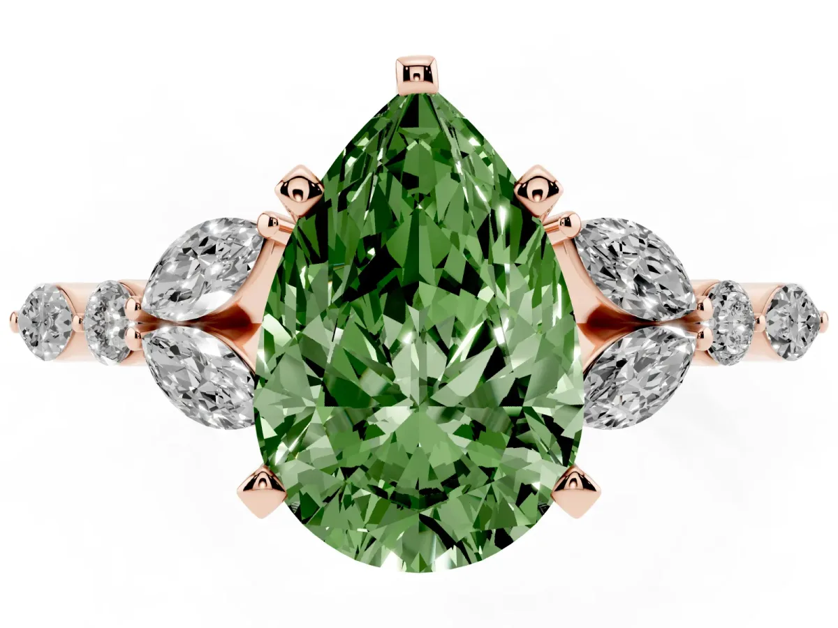 Fancy Green Pear Cut Diamond Solitaire Ring with Side Stones and Four-Prong Setting Rose gold