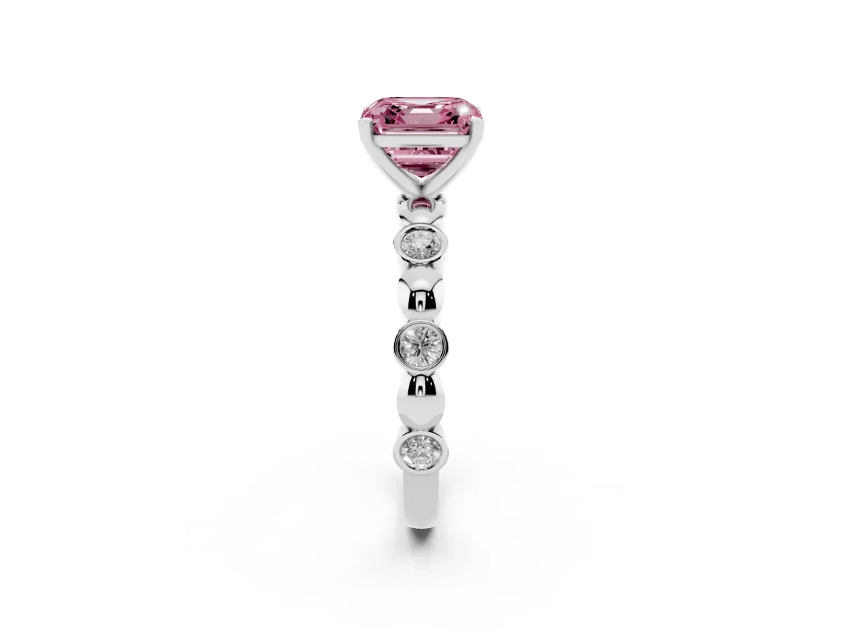 Fancy Pink Asscher Cut Solitaire Bezel-Set Diamond Ring with Beaded Band and Four-Prong Setting Silver