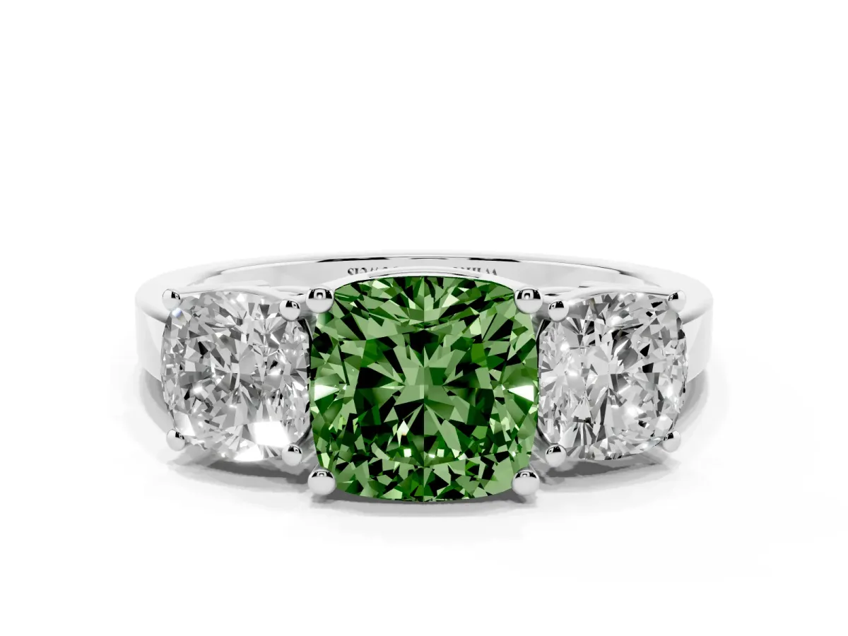 Fancy Green Three-Stone Cushion Cut Cut Diamond Engagement Ring with Flat Band and Four-Prong Setting Silver