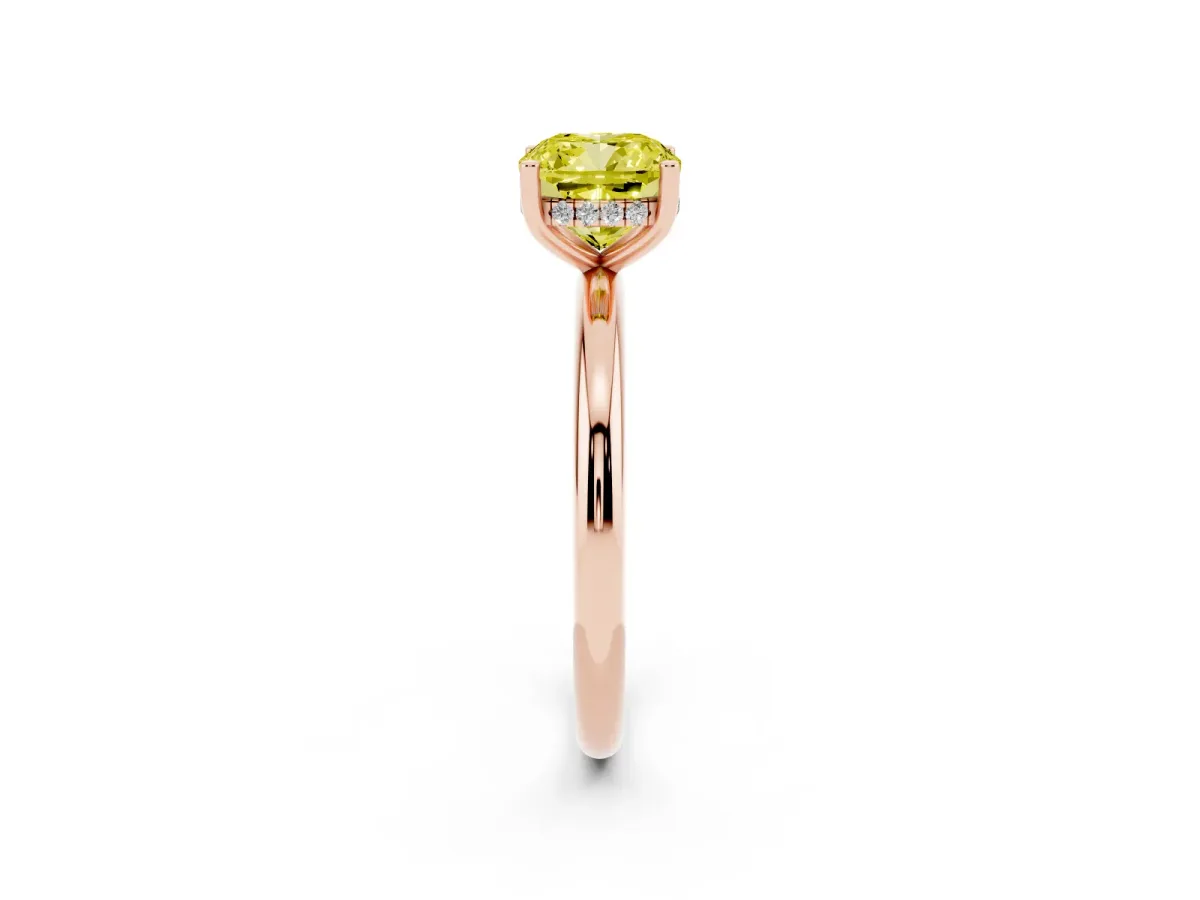 Fancy Yellow Cushion Cut Cut Solitaire Engagement Ring with Four-Prong Setting and Classic Band Rose gold