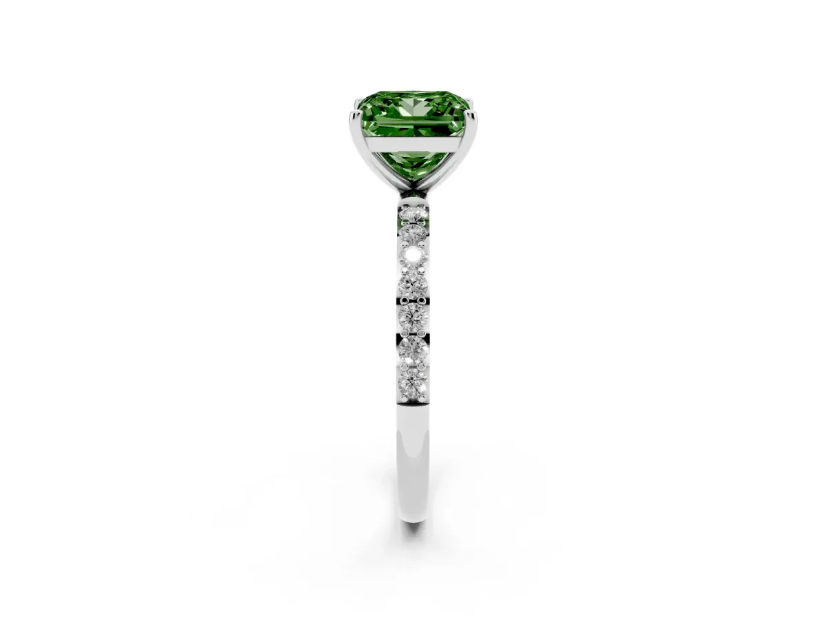 Fancy Green Princess Cut Diamond Solitaire Ring with Round Pavé Shoulders and Prong Setting Silver
