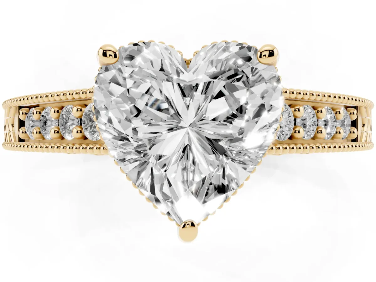 Heart Cut Solitaire Pavé Diamond Milgrain Engagement Ring with Four-Prong Setting Yellow gold