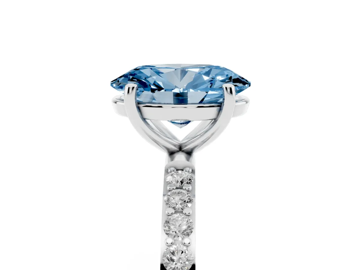 Fancy Blue Oval Cut Diamond Solitaire Ring with Round Pavé Shoulders and Prong Setting Silver