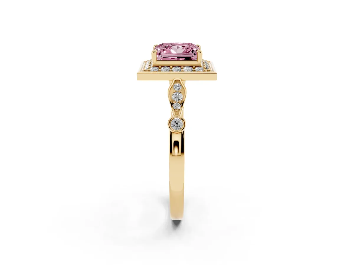 Fancy Pink Princess Cut Halo Diamond Engagement Ring with Twisted Band and Four-Prong Setting Yellow gold
