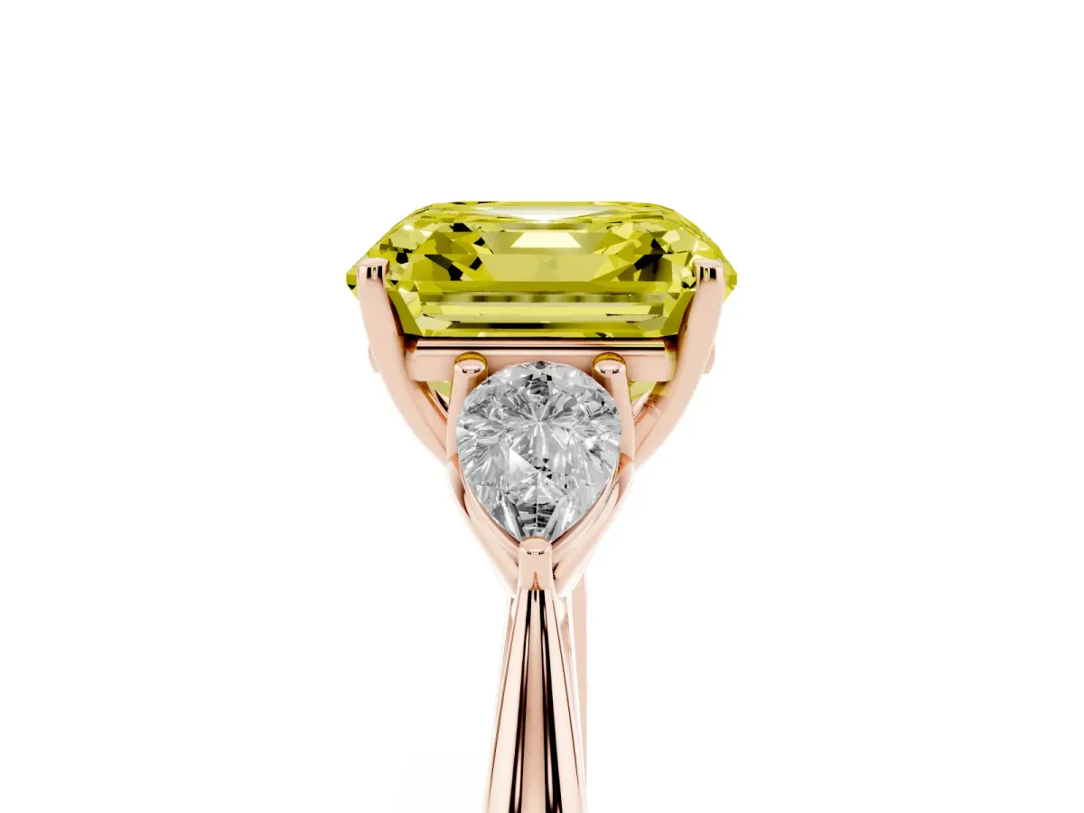 Fancy Yellow Three-Stone Asscher Cut Brilliant Diamond Solitaire Ring with Tapered Band and Four-Prong Setting Rose gold