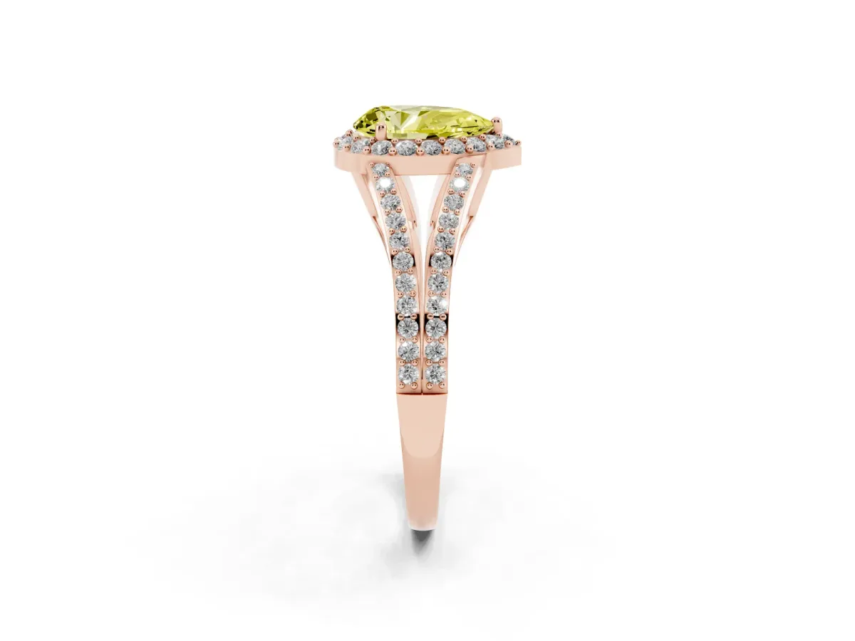 Fancy Yellow Pear Cut Halo Split Shank Diamond Ring with Prong Setting Rose gold