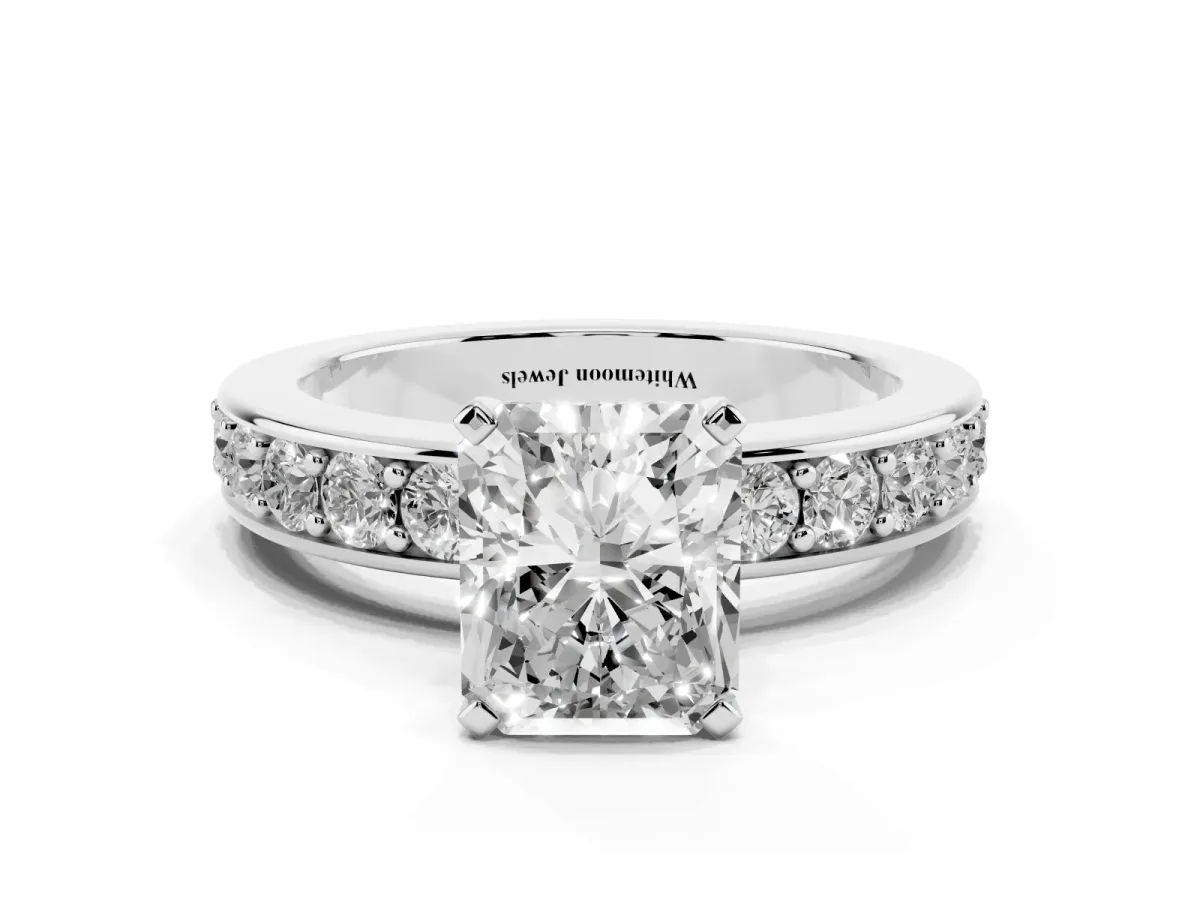 Radiant Cut Diamond Engagement Ring with Channel Set Round Band and Prong Setting Silver