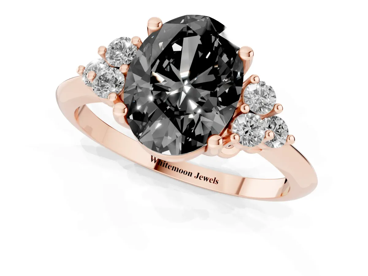 Fancy Black Oval Cut Cut Diamond Cluster Ring with Solitaire Band and Four-Prong Setting Rose gold