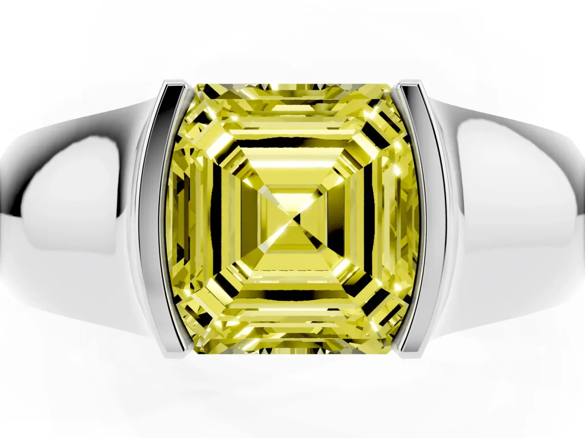 Fancy Yellow Asscher Cut Solitaire Bezel Set Diamond Ring with Wide Band Platinum