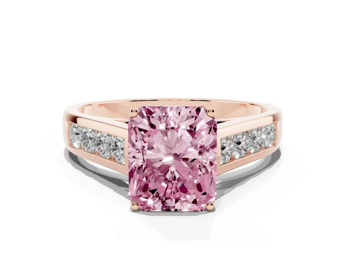 Fancy Pink Radiant Cut Brilliant Channel-Set Solitaire Ring with Four-Prong Setting Rose gold