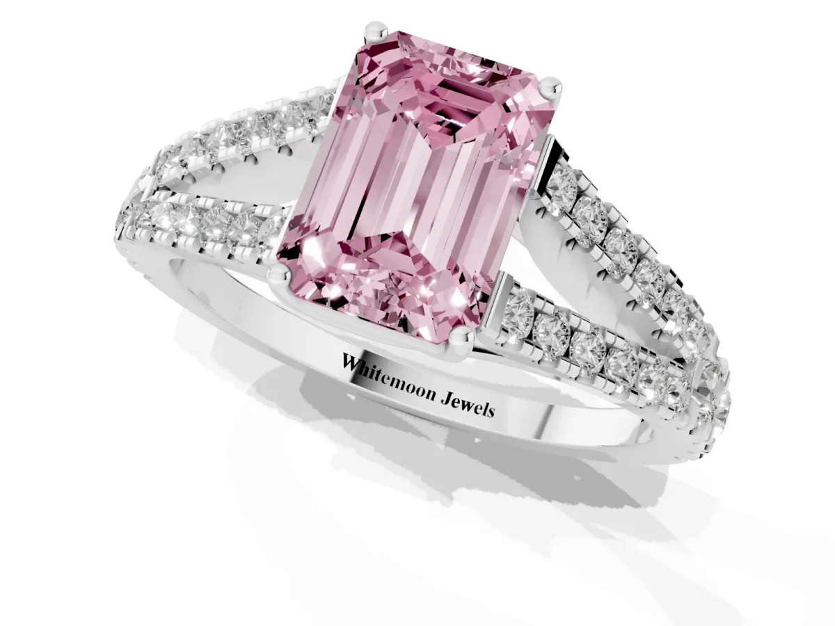 Fancy Pink Emerald Cut Diamond Split Shank Engagement Ring with Round Pavé and Prong Setting Silver